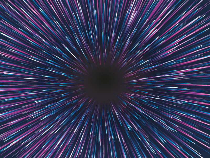 Abstrakte Lichter, die Bewegung und Geschwindigkeit darstellen und auf ein schwarzes Loch zulaufen.