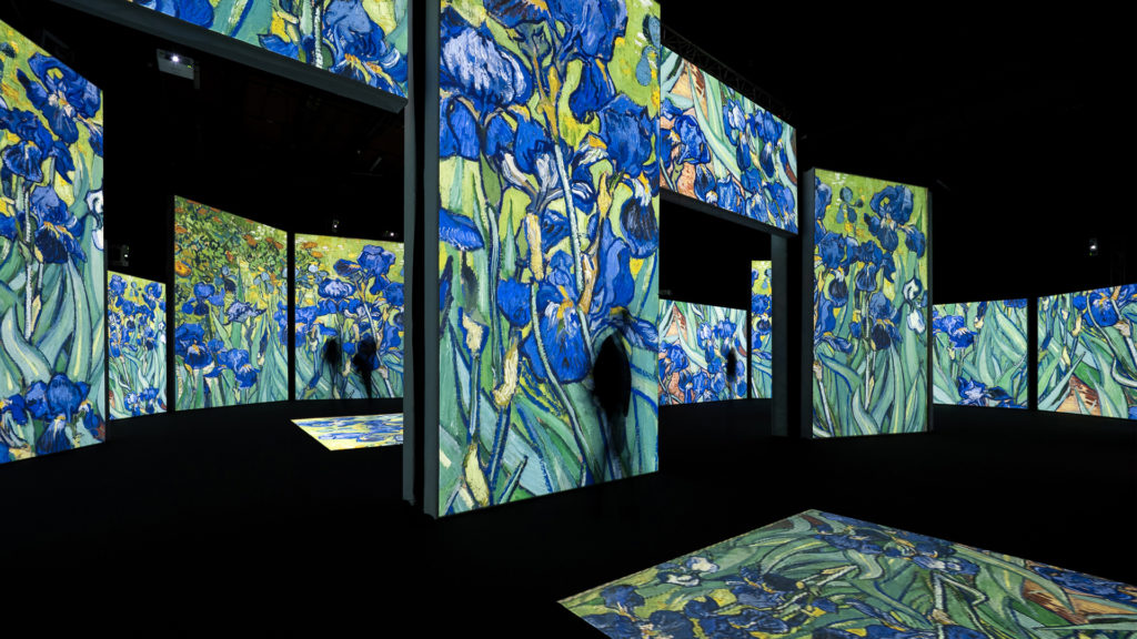 Eine Projektion des Gemäldes „Iris (Schwertlilien)“ im Ausstellungsraum der Reithalle.
