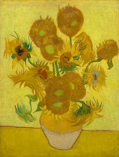 Abgebildet sind die bekannten gelb-orangenen Sonnenblumen Van Goghs.